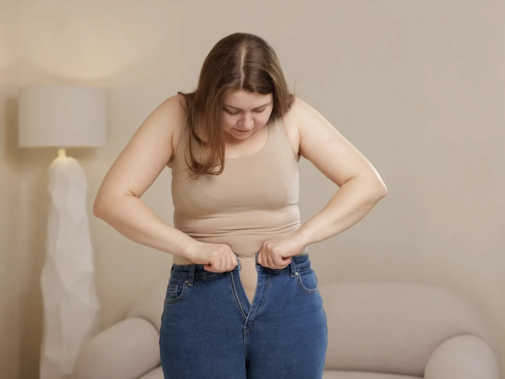 perempuan bertubuh gemuk tidak bisa mengkancingkan celananya